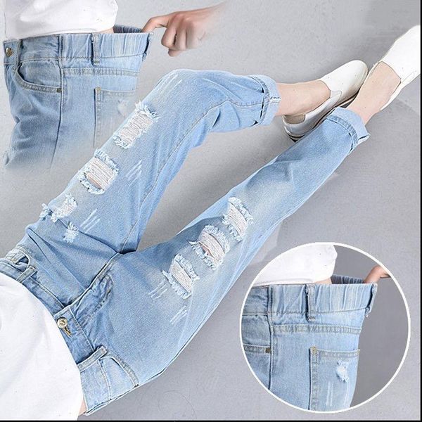 

broken elastic waist loose womens jean joker harlan pants, Blue