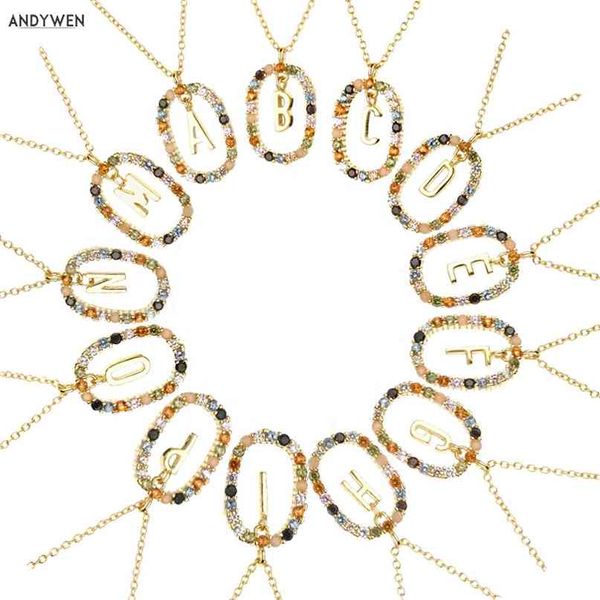 ANDYWEN Argento sterling 925 Oro 26 Alfabeto B J P Lettere AM Iniziale Collana a catena lunga Estate Zirconi colorati Ovali Gioielli 210721