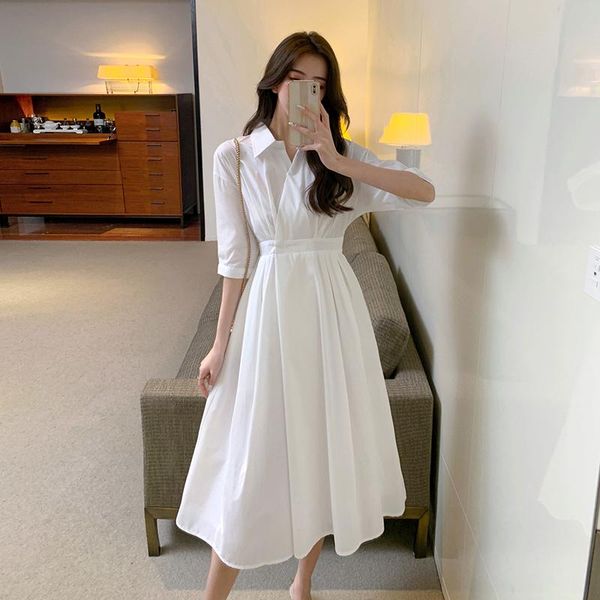 

casual dresses summer white women's dress 2021 hepburn style show thin solid collar half sleeve shirt dress[3-3988#], Black;gray