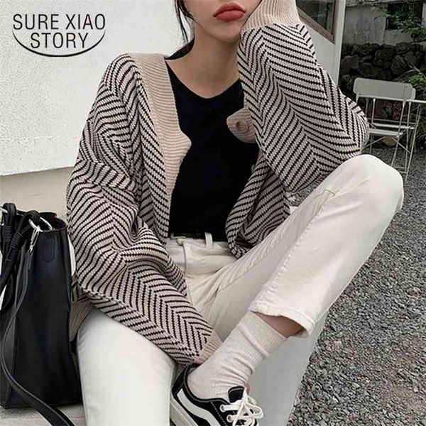 

casual knitted cardigan oversize button front contrast stripe autumn women sweater chic feminino fashion clothing 12031 210421, White;black