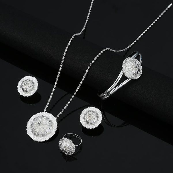 

earrings & necklace ethiopia hollow flower ring fashion wedding accessoriesjewelry set, Silver
