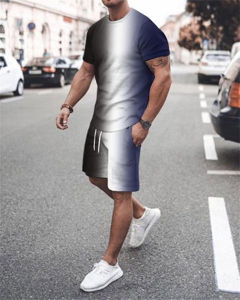 

men's tracksuits 2021 summer short-sleeved sportswear 3d gradient color geometric printing pattern stitching sports suit t-shirt shorts, Gray