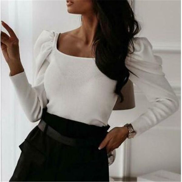 

women's t-shirt female autumn knitwear fashion long puff sleeves slim casual t-shirts ladies' solid color knitting pullovers women, White