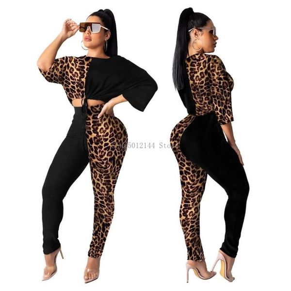 

two piece dress leopard print patchwork women's set long sleeve t-shirt pencil pants suit elegant tracksuit outfit, White