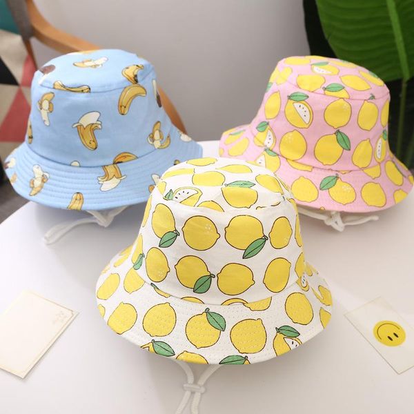 

cartoon baby panama beach sun hat summer children girl bucket cap kids fruit print outdoor hats toddler girls fisherman visor caps &, Yellow