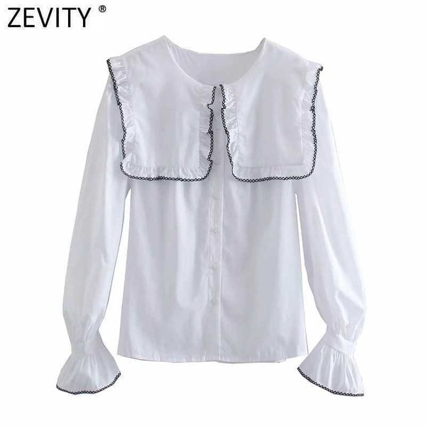 

zevity women sweet black agarci lace edge decoration ruffles white smock blouse office lady court shirts chic blusas ls7441 210603