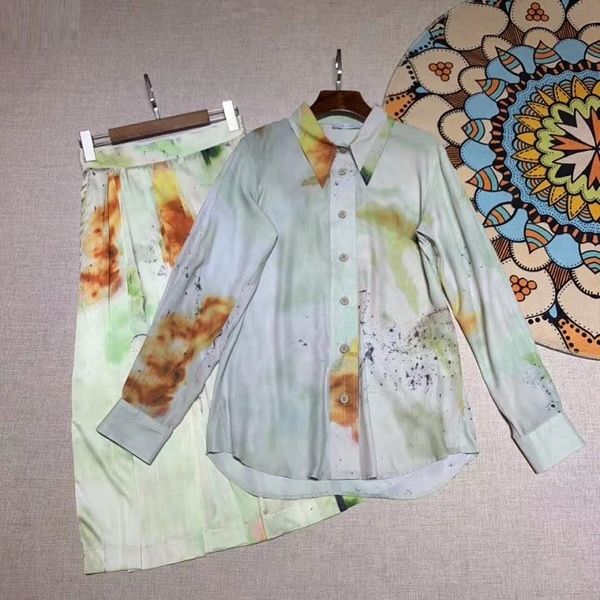 

ladies skirt est fashion suits & summer women turn-down collar gradient color print long shirts+big swing mid-calf skirt sets, White