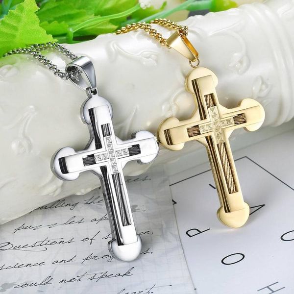 

pendant necklaces luxury wire cross stainless steel men pendants chain religion for couple boyfriend jewelry creativity gift wholesale, Silver