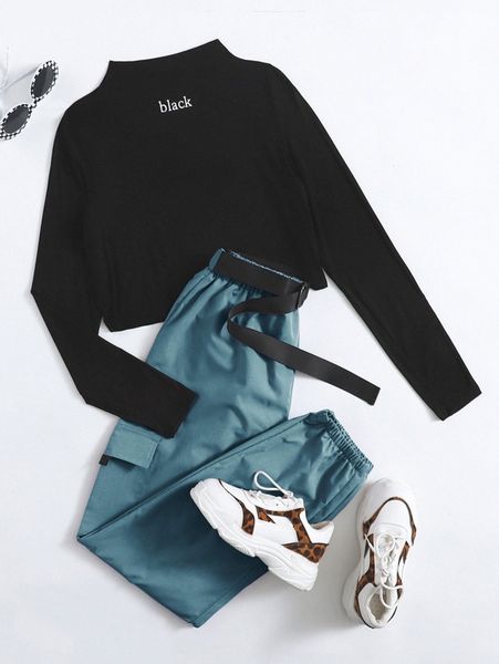 

mock neck letter graphic tee & belted cargo pants x4tl#, White