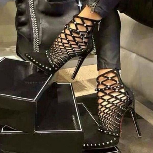 

sandals gladiator summer spring pointed toe rivets studded cut out caged ankle boots stiletto heel women shoes sxfj, Black