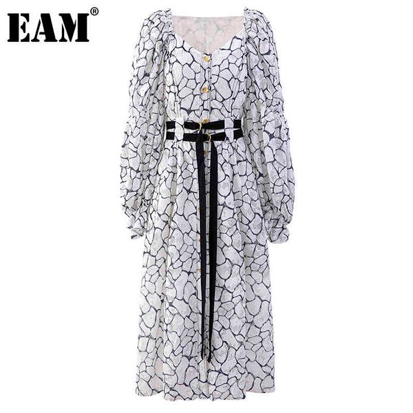 

[eam] women printed hollow out lace sashes dress square collar long sleeve loose fit fashion spring autumn 1dd6929 21512, Black;gray