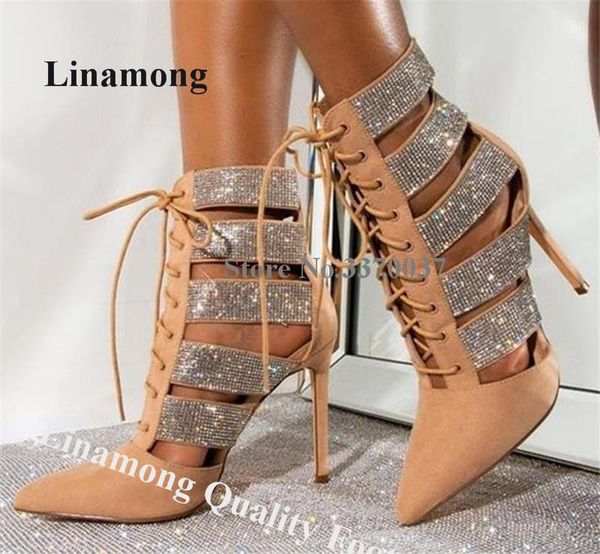 

boots linamong bling rhinestone stiletto heel short gladiator cut-out crystal lace-up high ankle booties dress shoes, Black