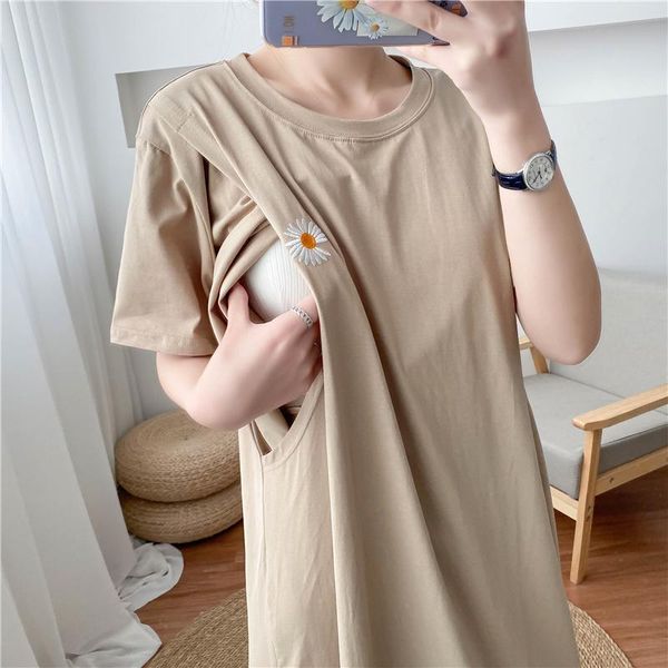 

small daisy embroidery simple breastfeeding dress home clothes for women summer long shirt maternity pregnant clothe dresses, White