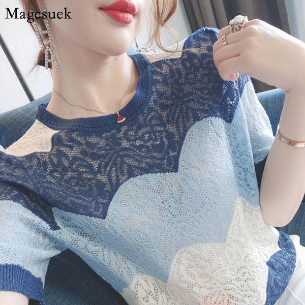 

women's blouses & shirts elegant fashion o-neck women casual ice silk knit shirt summer hollow out short sleeve clothing 14657, White