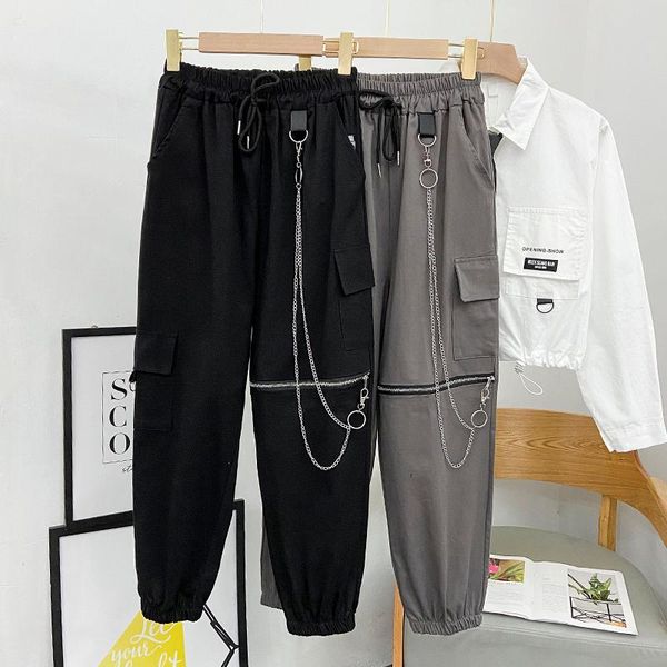 

women's pants & capris fall mechanical style handsome casual overalls slimming high waist all-matching black ankle-tied harem kio, Black;white