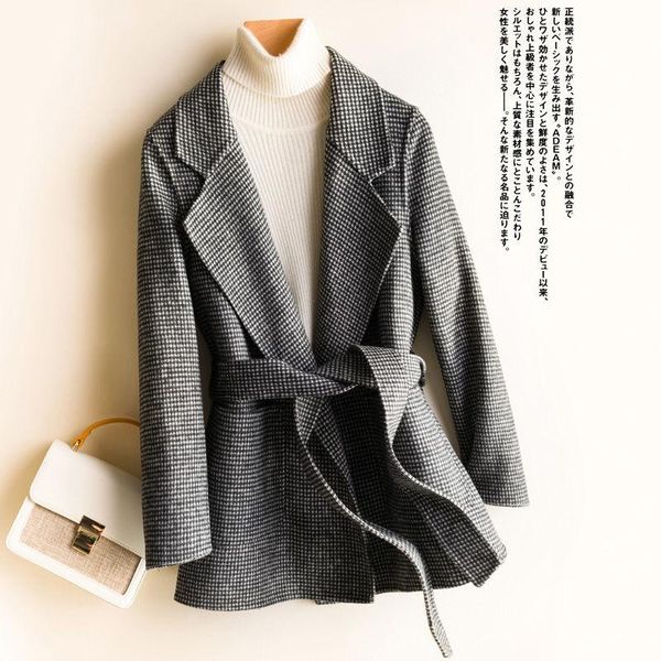 

women's wool & blends winter thousand bird plaid 100% pure double faced coat short belt fashion overcoat, Black