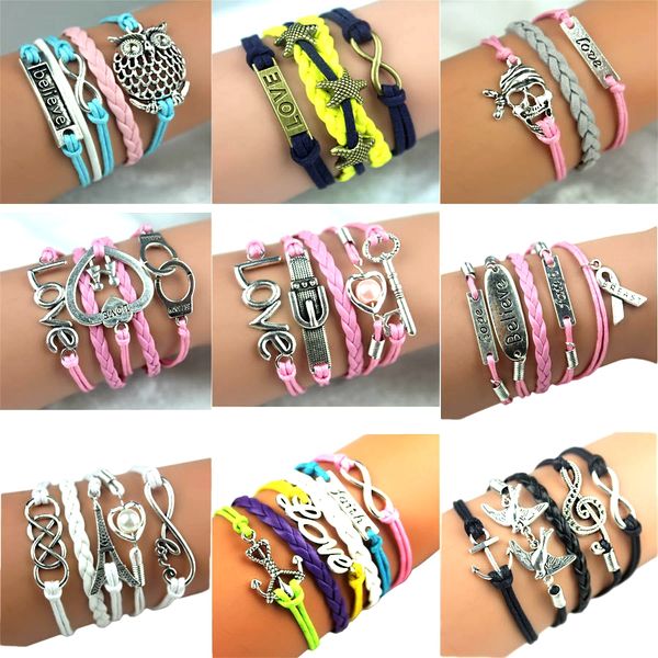 Großhandel 30 Stück/Lot Damen-Armbänder mit Unendlichkeitsanhängern, Ketten-Mix-Stile, Metallseil-Armbänder, Armreif, Freundschaft, Party-Geschenke, ganz neu