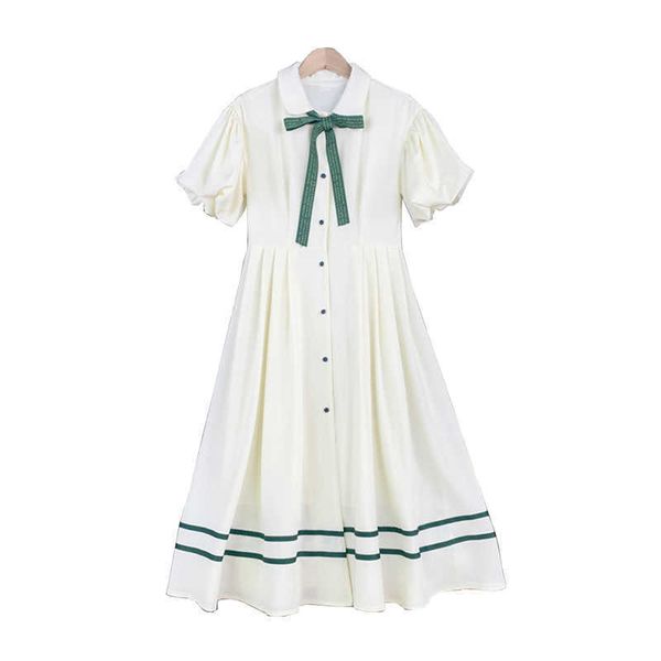 

perhaps u puff sleeve dress bow midi button beige green sweet summer peter pan collar d1110 210529, Black;gray