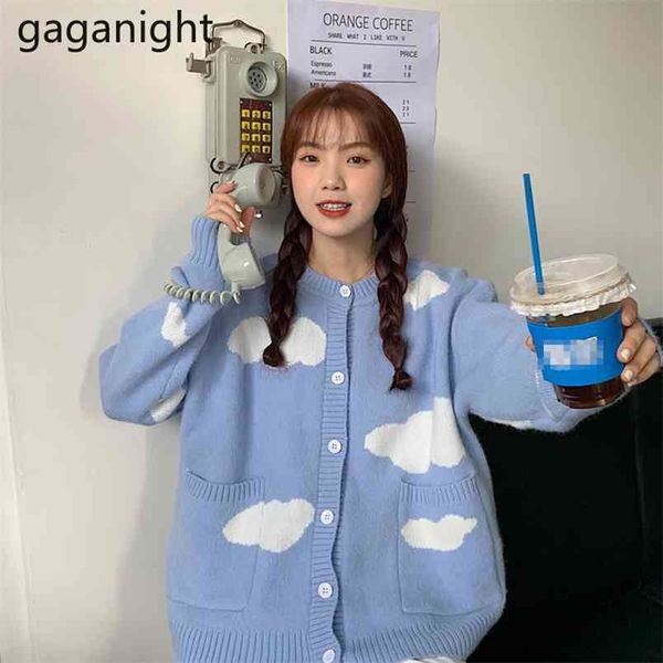 

japanese blue girls knitted sweater cardigans loose tender single breasted women fashion outside long sleeve 210601, White