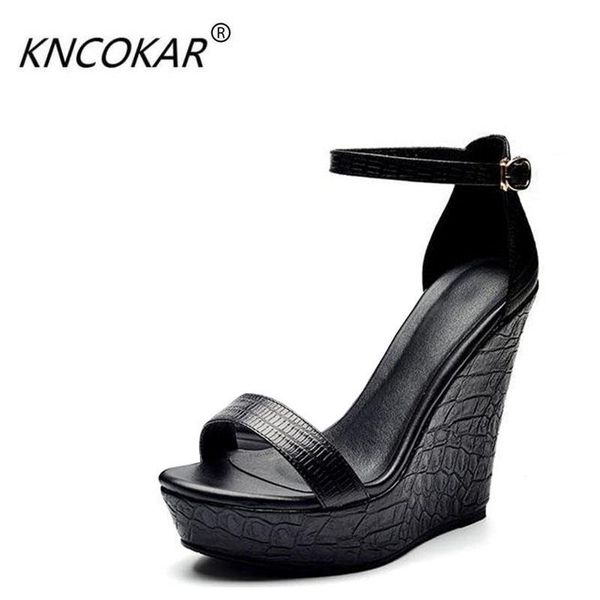 

wedge sandals women summer leather black roman word buckle waterproof thick bottom ultra-high with ms peep-toe shoes dress