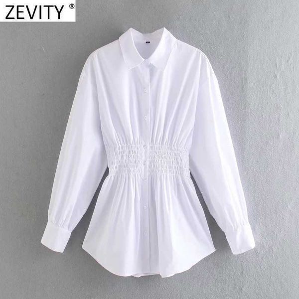 Zevity женская мода поворотный воротник талии упругие складки белый Smock блузка офис дамы тонкий рубашка шикарный Blusas Tops LS9023 210603