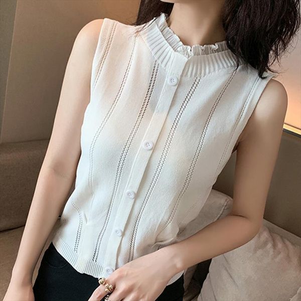 

white sleeveless summer hollow out women blouses thin knitted shirt korean fashion slim womens clothing