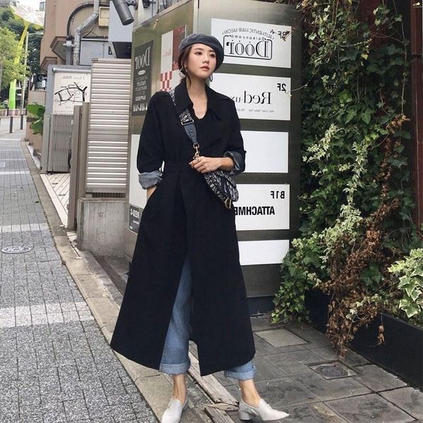 

women's trench coats spring female 2021 coat high street women clothes loose outerwear woman worker streetwear long windbreaker with, Tan;black