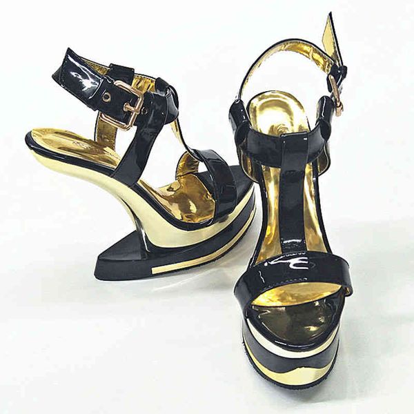 

sandals women 2021 summer golden stage show wedges shoes 14cm strange style no heel design party high-heel ftkc, Black