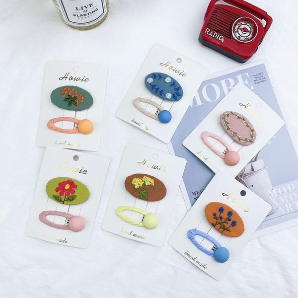 

hair accessories korean children's fabric forest flower embroidery oval bb clip candy color beanie bangs girl hairpin, Slivery;white