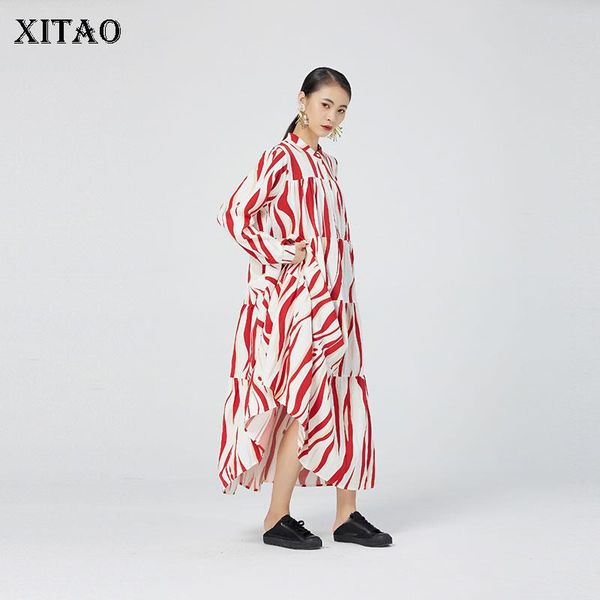 

casual dresses xitao stripe print splicing dress contrast color fashion stand collar shirt 2021 autumn loose women wmd3719, Black;gray