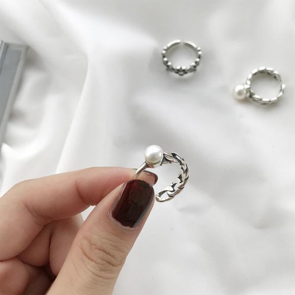 

cluster rings korean-style s925 sterling silver freshwater pearl half chain open ring, Golden;silver