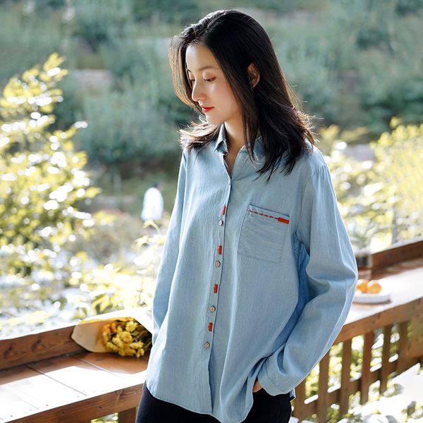 

johnature autumn striped shirts for women embroidery blue long sleeve blouses casual loose female clothes denim shirts 210521, White