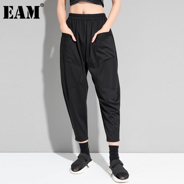 

[eam] black pockets spliced elastic waist trousers loose fit harem calf-length pants women fashion spring summer 210512, Black;white