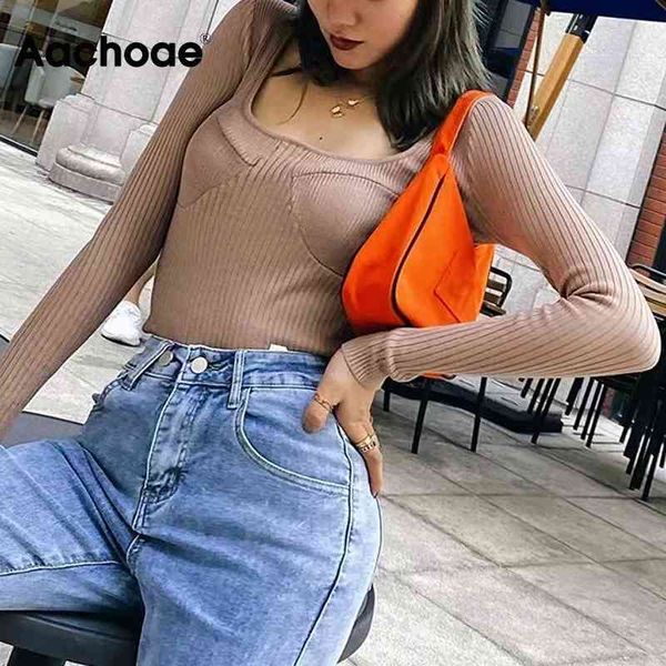 

solid color knitted basic women square collar cropped t long sleeve tee shirt camiseta mujer 210413, White