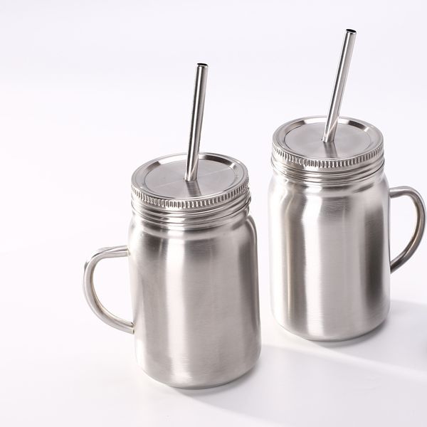 500 ml / 17oz Paslanmaz Çelik Mason Kavanoz Kupası Gümüş Kahve Kupa Taşınabilir Tumbler Toz Geçirmez Vakum Yalıtımlı Gıda Depolama Şişe Metal Kapaklı Saman Saplı