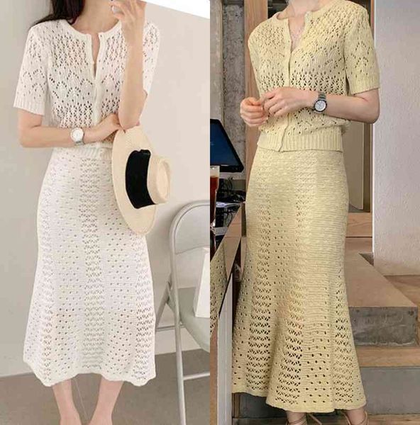 

matching sets white o neck short sleeve lace hollow out cardigan thin summer high waist wrap hip mermaid skirt korean chic 210429