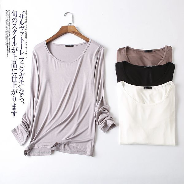 

women's t shirt 2021 spring base round neck long sleeve modal loose top, White