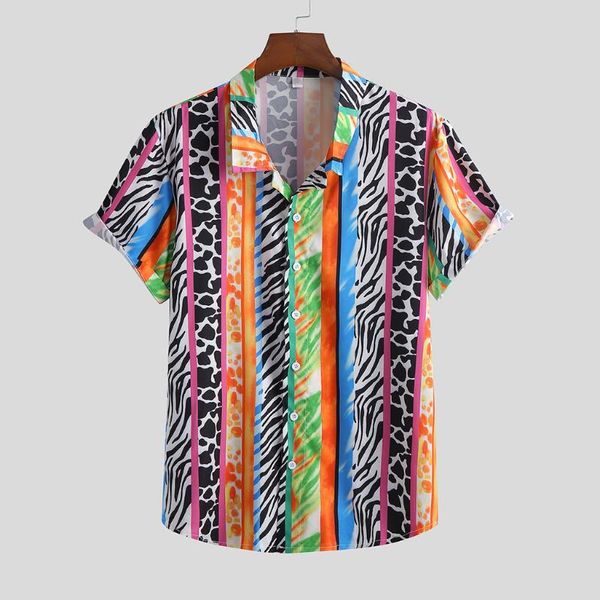 

shirts men's summer fashion casual lapel print short sleeve shirt blouse men camisa masculina hawaiian streetwear, White;black