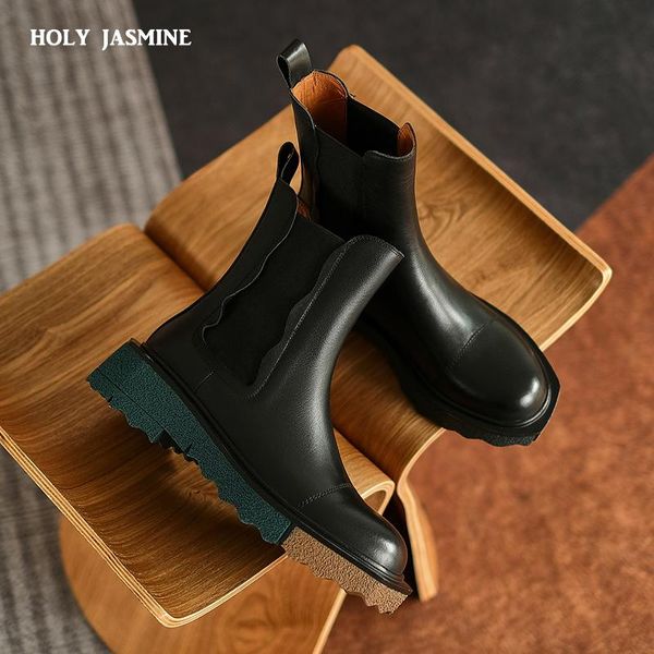 

boots mature concise women ankle basic genuine leather platforms thick heels round toe casual working shoes woman 2021 autumn, Black