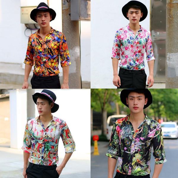

men's casual shirts silk blend printed floral slim fit clubwear half sleeves summer blouse satin single breasted b26, White;black
