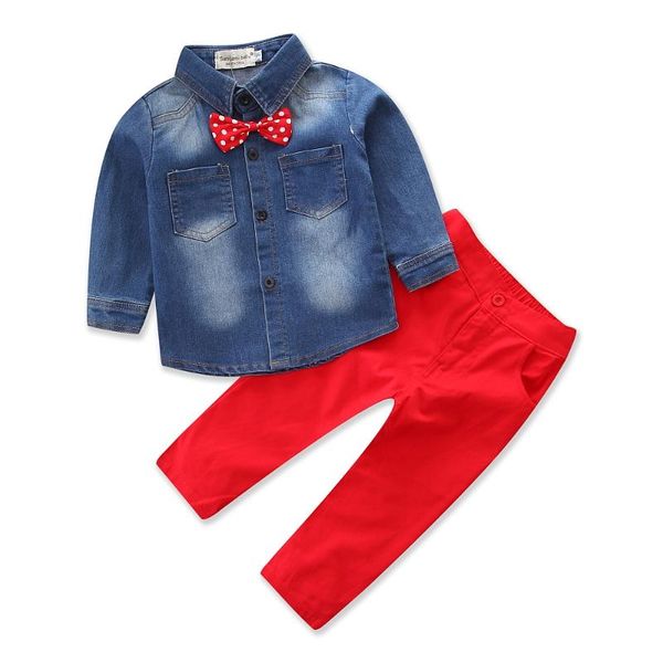 

clothing sets retail fashion 2021 children's bow tie jeans long sleeved + pants casual kids set 2-8y boy spring suit, White