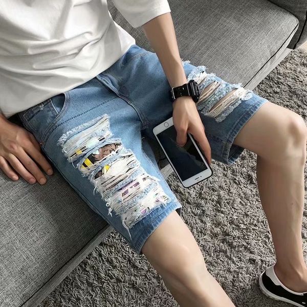 

men's jeans wholesale summer denim men's shorts homme cartoon print retro distressed hole teenagers jeans breeches rtmn, Blue
