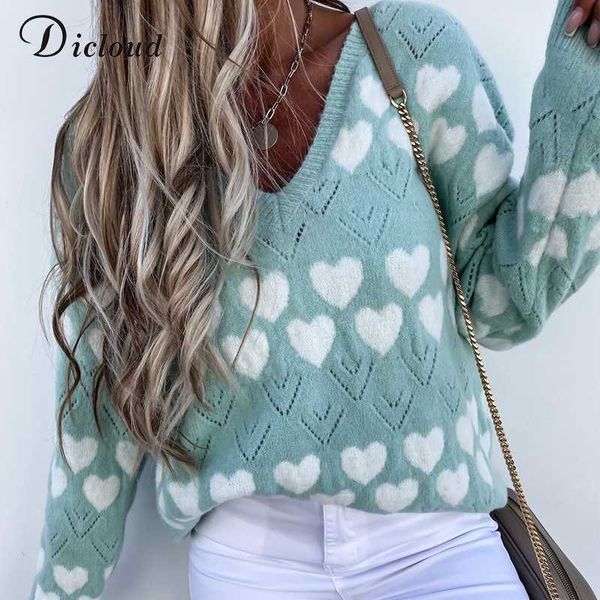 

dicloud autumn winter heart sweater v neck long sleeve soft warm pullovers oversize hollow out comfortable 210922, White;black