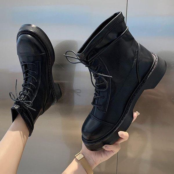 

boots fashion spring autumn 35-40 size women short motorcycle lace up zapatos de mujer ladies platform heels, Black