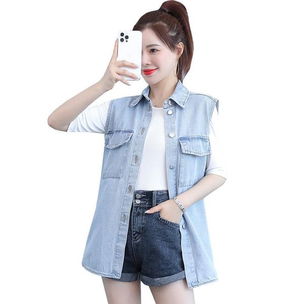 

women's vests summer retro light blue denim waistcoat for women turn down collar sleeveless jacket mid-long loose button big pockets ve, Black;white