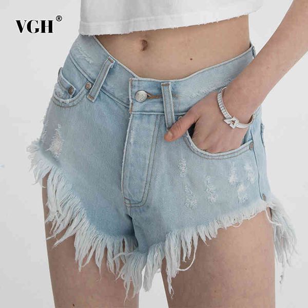 

vgh causal denim short for women high waist patchwork tassel pockets streetwear loose korean shorts female fashion clothing 210421, White;black