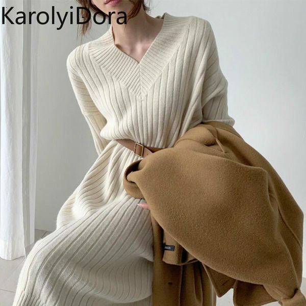 

casual dresses autumn winter straight knitted dress women v-neck female sweater pullovers maxi vestidos 2021, Black;gray