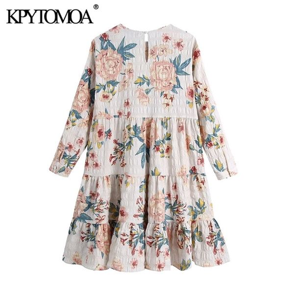 

kpytomoa women 2021 chic fashion floral print ruffled mini dress vintage o neck three quarter sleeve female dresses vestidos, Black;gray