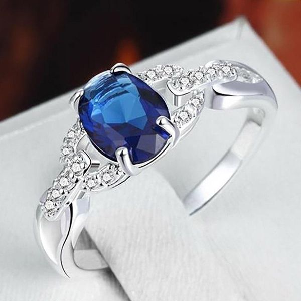 

wedding rings cute female blue zircon stone ring classic silver color engagement luxury small crystal oval for women, Slivery;golden