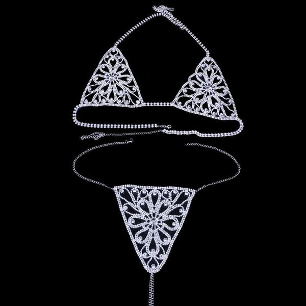 Altro 2021 Donne Sexy Bikini di Cristallo Set Bling Pieno di Strass Scava Fuori Reggiseno Del Seno Colture Top Underpant Night Club Catena Del Corpo Dei Monili